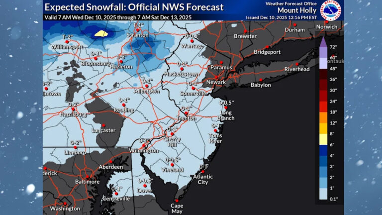 Снег и дождь закончатся сегодня вечером, шанс снегопада в четверг в Нью-Джерси