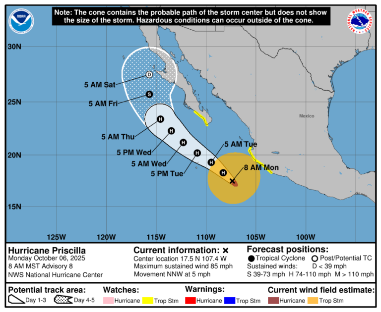 Ураган Присцилла продолжает усиливаться в Тихом океане.