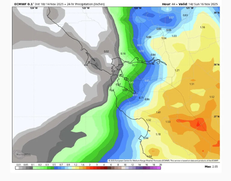 Атмосферная река нацелена на Южную Калифорнию, в то время как область залива преодолевает край шторма