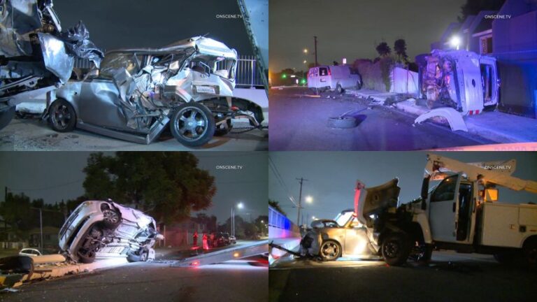 Грузовик врезается в 6 припаркованных автомобилей с людьми внутри, водитель попадает в канал Уиттье