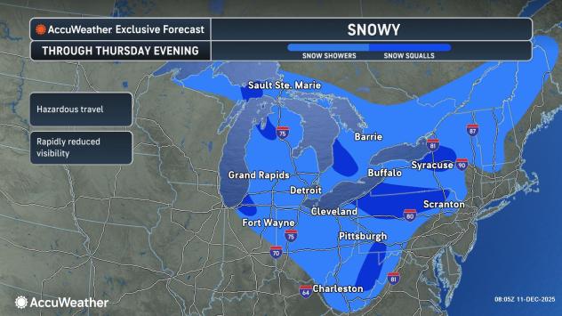 Эффект озера, опасные снежные шквалы, чтобы следовать за бурей клипера в середине недели